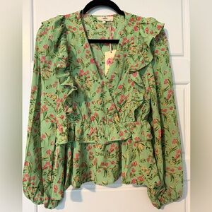 Entro//Green Floral Blouse with Ruffles